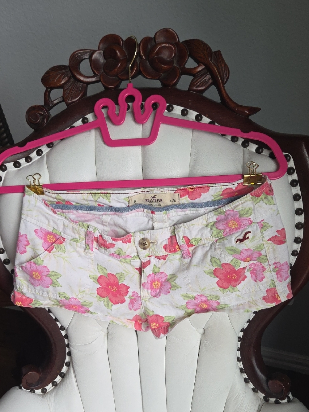 Vintage Y2k Hollister White Floral Denim Shorts with Pink & Green Print